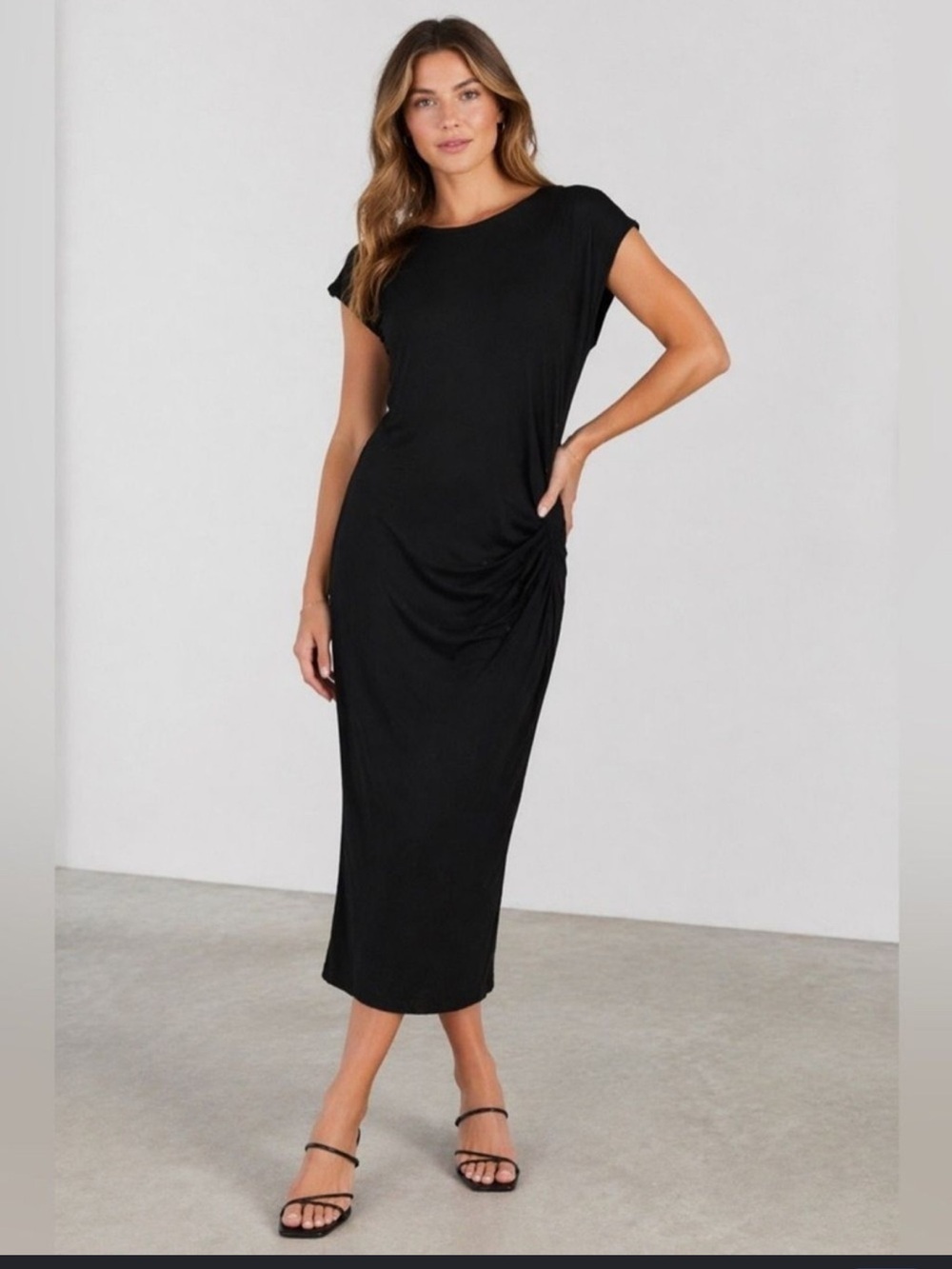 Marcella Black Ruched Midi
Dress Small Minimalist Stretch
LBD